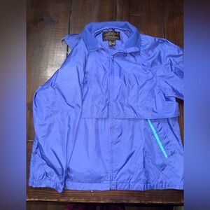 Vintage 90s Eddie Bauer Women's L Blue Windbreaker With Hood And Pockets